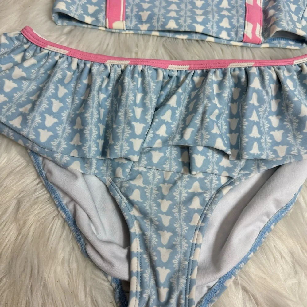 Hanna Andersson Girls Swim Tankini ‎ Set Blue White Ruffles Pink Sz 140-150